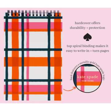 Kate Spade New York Small College Ruled Notebook, Top Spiral Notebook with 112 Pages, 8.5" x 5.5" Writing Pad, Spring Plaid