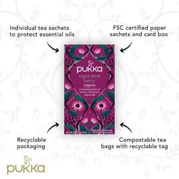 Pukka Organic Tea Bags, Night Time Berry Herbal Tea with Chamomile, Echinacea, and Elderberry, Perfect for Overnight Wellness, 20 Count (Pack of 3), 60 Tea Bags