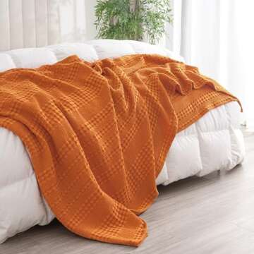 PHF 100% Cotton Waffle Weave Blanket Queen Size, Soft Lightweight Breathable Cozy Blankets for Bed, Luxury Aesthetic Woven Bedding for Home Decor, 90"x90", Marmalade