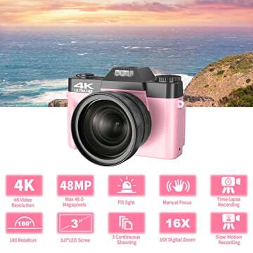 VETEK Digital Cameras for Photography, 4K 48MP Vlogging Camera 16X Digital Zoom Manual Focus Students Compact Camera with 52mm Wide-Angle Lens & Macro Lens, 32G Micro Card and 2 Batteries (Pink)