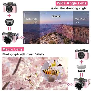 VETEK Digital Cameras for Photography, 4K 48MP Vlogging Camera 16X Digital Zoom Manual Focus Students Compact Camera with 52mm Wide-Angle Lens & Macro Lens, 32G Micro Card and 2 Batteries (Pink)