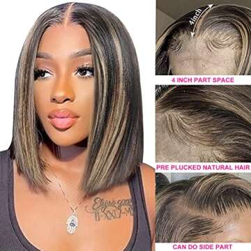 PNEX Bob Wig Human Hair Highlight Balayage HD Lace Front Wigs Human Hair Pre Plucked 180% Density Wear and Go Glueless Wig Short Bob Wigs Human Hair Bob Wigs for Black Women Natural Black 12 Inch 13x4