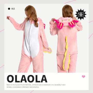 OLAOLA Axolotl Adult Onesie, Unisex Animal Onesies, Plush Cosplay Pajamas, One Piece Sleepwear Costume, Small