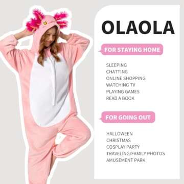 OLAOLA Axolotl Adult Onesie, Unisex Animal Onesies, Plush Cosplay Pajamas, One Piece Sleepwear Costume, Small