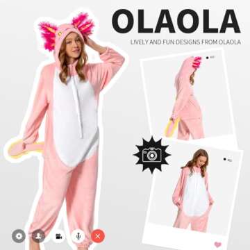 OLAOLA Axolotl Adult Onesie, Unisex Animal Onesies, Plush Cosplay Pajamas, One Piece Sleepwear Costume, Small