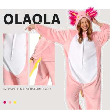 OLAOLA Axolotl Adult Onesie, Unisex Animal Onesies, Plush Cosplay Pajamas, One Piece Sleepwear Costume, Small