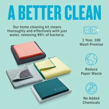 E-Cloth 6-pc Home Cleaning Essentials, Contains Multiple Microfiber Cleaning Cloths for a Streak-Free Clean Glass, Window, Kitchen, Dust, Granite, and Marble, 100 Wash Promise