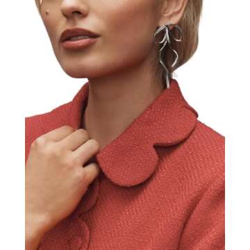 Women's Petal Bow Tweed Blazers Long Sleeve Cropped Jacket Tops Fall Open Front Office Work Blazer Coats Orange