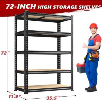 REIBII 2020LBS Storage Shelves 5 Tier Garage Shelving Heavy Duty Adjustable Garage Shelves, Utility Rack Shelf, Shelving Units for Storage Warehouse Pantry Closet, 35.5" W x 11.9" D x 72" H, Black