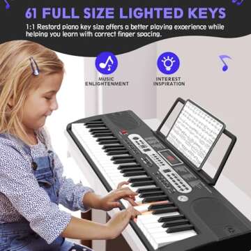 Fujampe 61 Keys Keyboard Piano, Electric Digital Piano Set with Light-Up Keys, Mic, Headphones, Note Stickers, Bench, Sheet Music Stand, Electronic Piano Keyboard for Beginners (Classic Black)