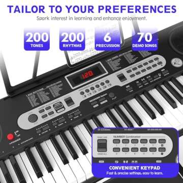 Fujampe 61 Keys Keyboard Piano, Electric Digital Piano Set with Light-Up Keys, Mic, Headphones, Note Stickers, Bench, Sheet Music Stand, Electronic Piano Keyboard for Beginners (Classic Black)