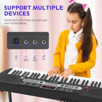 Fujampe 61 Keys Keyboard Piano, Electric Digital Piano Set with Light-Up Keys, Mic, Headphones, Note Stickers, Bench, Sheet Music Stand, Electronic Piano Keyboard for Beginners (Classic Black)