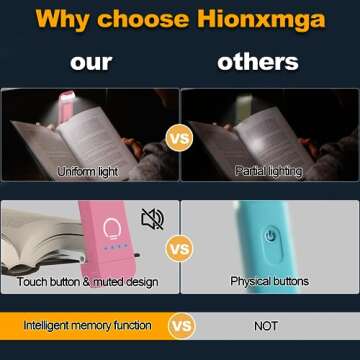 HIONXMGA Book Reading Light,Silent Touch Book Lamp for Reading in Bed,Rechargeable Clip on Booklight with 3 Amber Colors & 7 LEDs Precise Dimming for Eye Caring Night Reading,Book Lovers,Kids,Pink