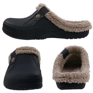 Beslip Classic Fur Lined Clogs Waterproof Winter Fuzzy Slippers for Women Men Indoor and Outdoor Indoor and Outdoor, Black and Khaki Women Size 6-7