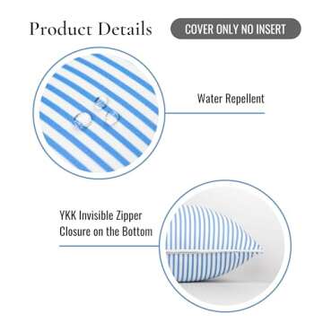 Hofdeco Premium Coastal Patio Indoor Outdoor Lumbar Pillow Cover Only, 12"x20" Water Repellent for Backyard, Couch, Cornflower Blue Stripe