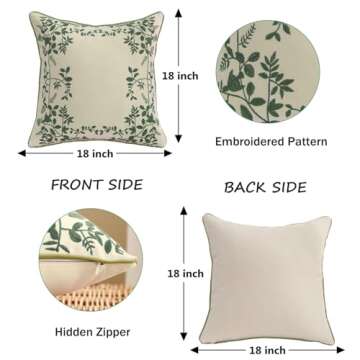 Tosleo Embroidered Throw Pillow Covers 18x18 inch Pack of 2 Surrounding Green Leaves Decorative Pillowcases Farmhouse Cotton Pillow Cushion Cases Boho Home Decor Square Floral Pillow Case