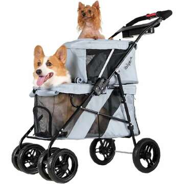 ibiyaya - Double Dog Stroller for Small Dogs and Medium Dogs and Cats - Double Pet Stroller, Lightweight and Foldable with Mesh Windows, Extra Space for Second Pet or Storage - Gray