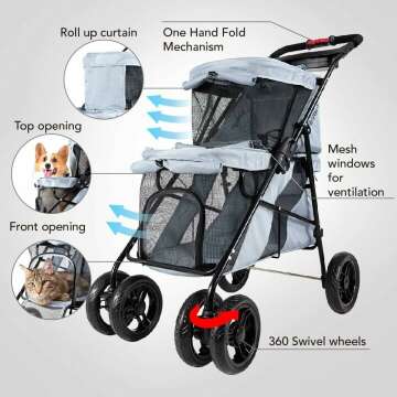 ibiyaya - Double Dog Stroller for Small Dogs and Medium Dogs and Cats - Double Pet Stroller, Lightweight and Foldable with Mesh Windows, Extra Space for Second Pet or Storage - Gray