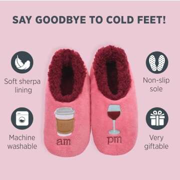 Snoozies Pairable Slipper Socks - Funny House Slippers for Women, Non-Slip Fuzzy Slipper Socks - Best Friend Birthday Gifts for Women - AM/PM (Pink, Medium)