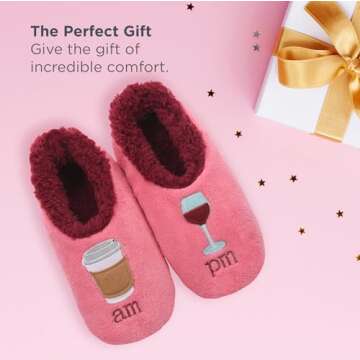 Snoozies Pairable Slipper Socks - Funny House Slippers for Women, Non-Slip Fuzzy Slipper Socks - Best Friend Birthday Gifts for Women - AM/PM (Pink, Medium)