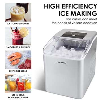 JALANTEK Counter top Ice Maker Machine with Self-Cleaning, 9 Ice Cubes Ready in 8 Minutes, 26lbs Bullet Ice Cubes in 24H, with Ice Scoop and Basket. Perfect for Home/Kitchen/Office.(Sliver)