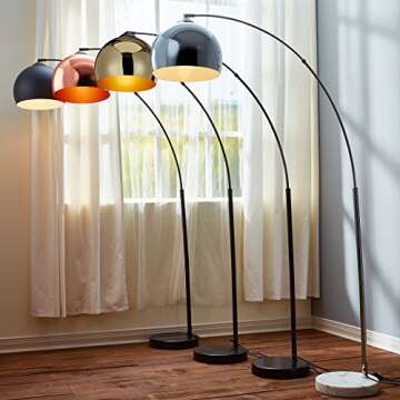 Teamson Home Arquer 66.93" Arc Floor Lamp for Living Rooms, Home Offices, Dining Rooms, Bedrooms with Faux Black Marble Base and Gold Bell Shade