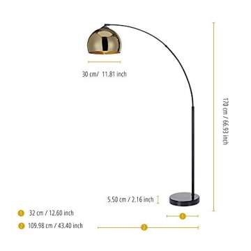 Teamson Home Arquer 66.93" Arc Floor Lamp for Living Rooms, Home Offices, Dining Rooms, Bedrooms with Faux Black Marble Base and Gold Bell Shade