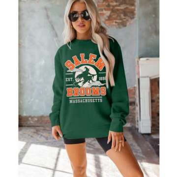 BANGELY Halloween Sweatshirts Women Witch Shirt: Retro Salem Broom Massachusetts Graphic Sweater Hocus Pocus Long Sleeve Top Green