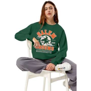 BANGELY Halloween Sweatshirts Women Witch Shirt: Retro Salem Broom Massachusetts Graphic Sweater Hocus Pocus Long Sleeve Top Green