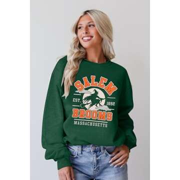 BANGELY Halloween Sweatshirts Women Witch Shirt: Retro Salem Broom Massachusetts Graphic Sweater Hocus Pocus Long Sleeve Top Green