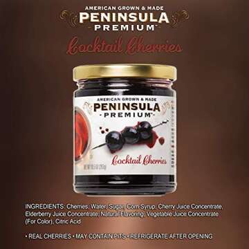 Peninsula Premium Cocktail Cherries | Award Winning | Deep Burgundy-Red | Silky Smooth, Rich Syrup | Luxe Fruit Forward, Sweet-Tart Flavor | Gourmet | American Grown & Made | 10.5 Ounce