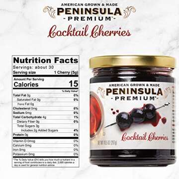 Peninsula Premium Cocktail Cherries | Award Winning | Deep Burgundy-Red | Silky Smooth, Rich Syrup | Luxe Fruit Forward, Sweet-Tart Flavor | Gourmet | American Grown & Made | 10.5 Ounce