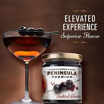 Peninsula Premium Cocktail Cherries | Award Winning | Deep Burgundy-Red | Silky Smooth, Rich Syrup | Luxe Fruit Forward, Sweet-Tart Flavor | Gourmet | American Grown & Made | 10.5 Ounce