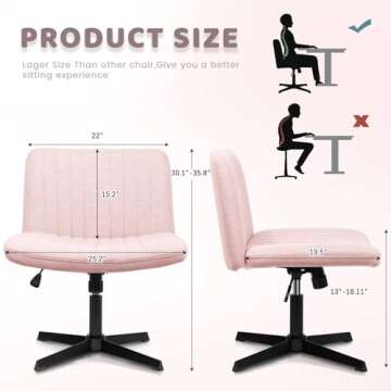 LEMBERI Fabric Padded Desk Chair No Wheels, Armless Wide Swivel Home Office Desk Chair,120° Rocking Mid Back Ergonomic Computer Task Vanity Chair for Office, Home, Make Up,Small Space (Pink)