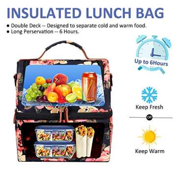 LOKASS Lunch Bag Women Double Deck Insulated Lunch Box Large Cooler Tote Bag with Removable Shoulder Strap Wide Open Thermal Meal Prep Lunch Organizer Box for Adults Work/Outdoor, Black Peony