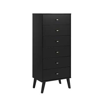 Prepac Milo Mid-Century Modern 6 Drawer Dresser, Tall and Narrow Chest of Drawers, Retro Bedroom Furniture, Lingerie Dresser, 16" D x 25" W x 56.25" H, Black, BDBH-1410-1