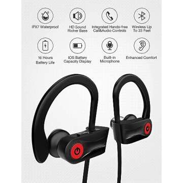 Otium Bluetooth Earbuds Wireless Headphones Bluetooth Headphones, Sports Earbuds, IPX7 Waterproof Stereo Earphones for Gym Running 15 Hours Playtime Sound Isolation Headsets,Black