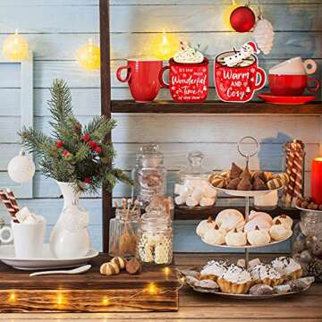 3 Pieces Christmas Tiered Tray Decor Wooden Block Signs Xmas Coffee Hot Cocoa Wood Sign Warm Winter Season Drinks Table Centerpieces Marshmallow Center Snowmen Tabletop Decorations for Holidays