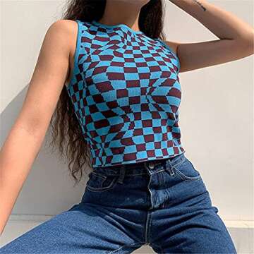 Women Teen Girl Ribbed Tank Crop Top Sleeveless Y2k Cami Vest Top Plaid Fashion E-Girl Shirts Summer Streetwear (Blue, Medium, m)