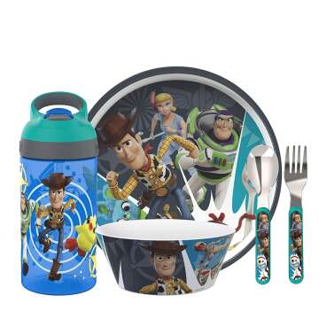 Zak Designs Kids Dinnerware 5 Piece Set - Toy Story 4, Plate, Bowl, Water Bottle, and Utensil Tableware, Non-BPA Made of Durable Material and Perfect for Kids