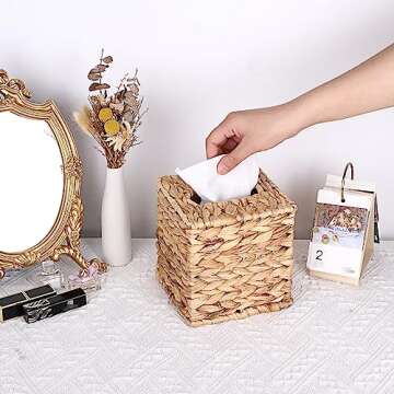 Sumnacon Tissue Box Cover Water Hyacinth Tissue Box Sqaure Tissue Holder Woven Tissue Cover Wicker Cube Tissue Box Holder for Bathroom Toilet Table Desk Home Office Car