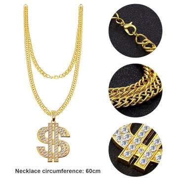 SATINIOR 5 PCS Hip Hop Costume Kit 80s/90s Cool Rapper Accessories Outfits Bucket Hat Sunglasses Gold Plated Dollar Sign Chain Ring Earring(Black)