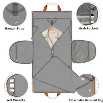 Garment Bags for Travel, Convertible Garment Bag with Detachable Hanging Suit Bag, Carry on Travel Duffel Bag with Shoulder Strap and Shoes Cover, 3 in 1 Hanging Suit Bags for Women/Men, White Brown