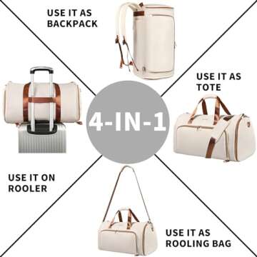 Garment Bags for Travel, Convertible Garment Bag with Detachable Hanging Suit Bag, Carry on Travel Duffel Bag with Shoulder Strap and Shoes Cover, 3 in 1 Hanging Suit Bags for Women/Men, White Brown