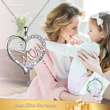 GemJelry Mothers Necklace Gifts for Mom from Daughter Son I Love You Mom Necklace Heart Pendant Rhinestone Mom Jewelry with Box Birthday Mothers Day Gifts Valentines Day for Women