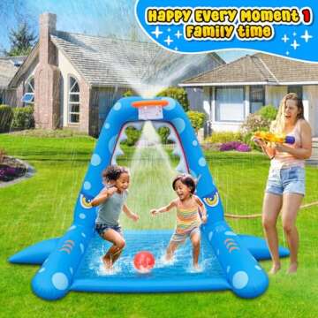 Sprinkler for Kids Outdoor Play, Giant Inflatable Shark Water Toys Splash Pad with Basketball Hoop, Fun Sprinkler Summer Outdoor Game for 3-8 Years Old Children Boys Girls Gift