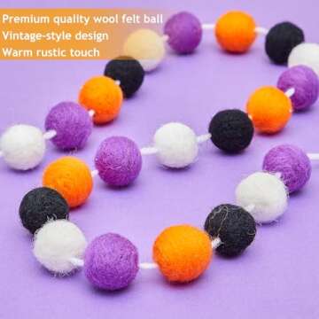 WILLBOND 2 Pieces Wool Felt Ball Garland Colorful Pom Pom Garland 6.5 Ft Long 24 Ball Garland for Mardi Gras Halloween Thanksgiving Xmas Black History Month (Orange,White,Black,Purple)