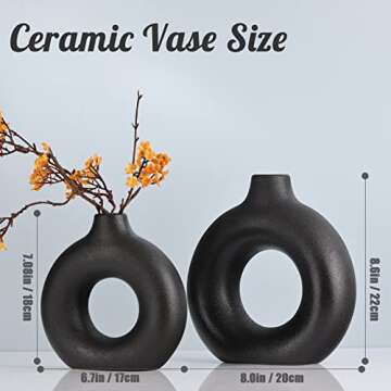 Black Ceramics Vase for Home Decor -Matte Black Vase Set of 2 Circular Flowers Vase Modern Black Decor - Home Decoration for Kitchen Table, Living Room Side Table, Fire Place or Flower Shop