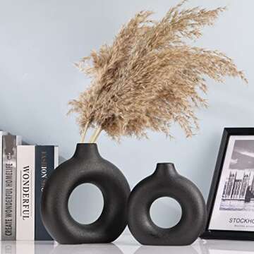 Black Ceramics Vase for Home Decor -Matte Black Vase Set of 2 Circular Flowers Vase Modern Black Decor - Home Decoration for Kitchen Table, Living Room Side Table, Fire Place or Flower Shop