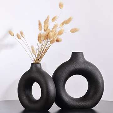 Black Ceramics Vase for Home Decor -Matte Black Vase Set of 2 Circular Flowers Vase Modern Black Decor - Home Decoration for Kitchen Table, Living Room Side Table, Fire Place or Flower Shop